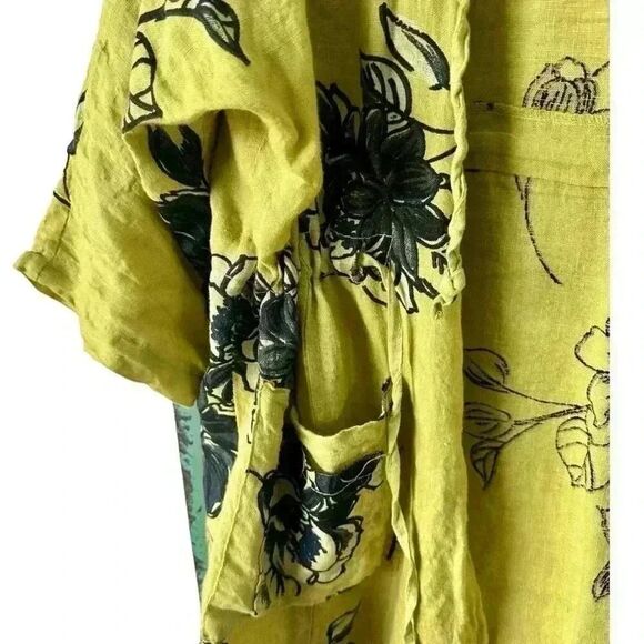 Chartreuse Linen Open Front Kimono/ Wrap Floral Print. A summer gem. - Picture 6 of 9